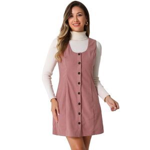 Corduroy Overall Dress Scoop Neck Button Down Pinafore Dresses Pink